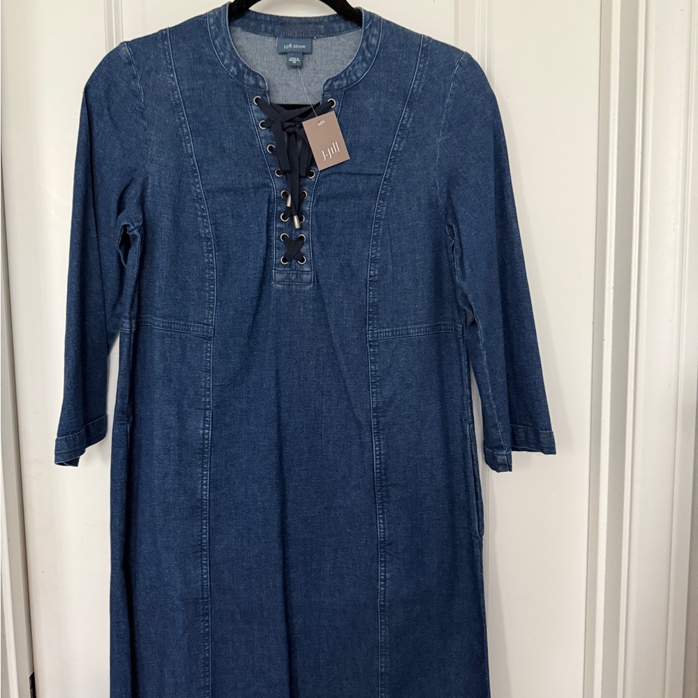 J. Jill Denim, Dark Wash, 3/4 Sleeve, Lace Up Front, Demin Dress, - Picture 6 of 8